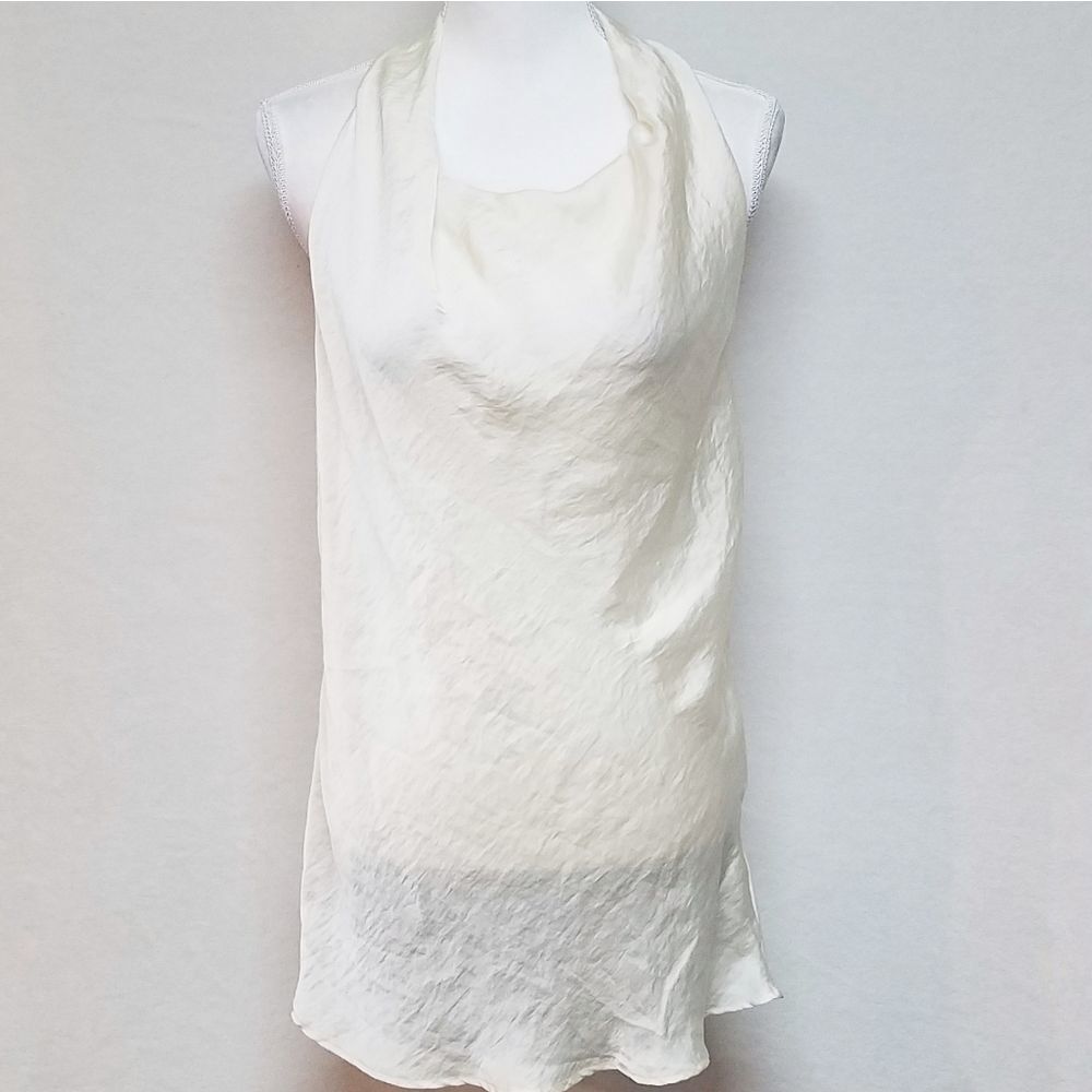 Adiva Pearl Sleeveless Keyhole Cream LeChute Satin Cowl Neck Mini Dress